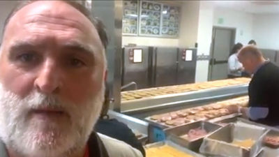 A video still featuring chef Jose Andres in a kitchen where sandwiches are being prepared for the hurricane relief effort in the Bahamas.