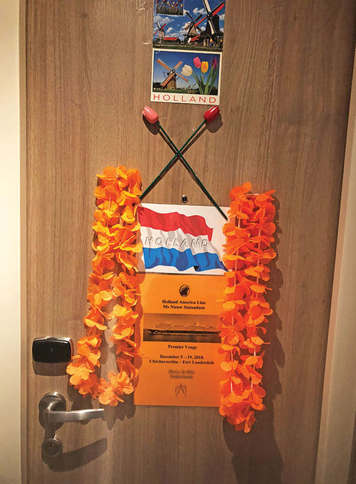 A display of Dutch pride decorated a door on the inaugural voyage of Holland America Line's Nieuw Statendam ship in 2018. A display of Dutch pride decorated a door on the inaugural voyage of Holland America Line's Nieuw Statendam ship in 2018.