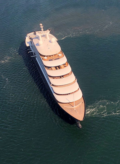 A bird's eye view of the Scenic Eclipse from the ship's helicopter in Lunenburg, Nova Scotia.