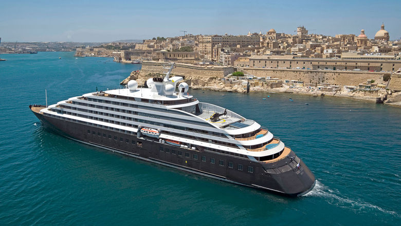 The Scenic Eclipse in Malta, with its black chopper on the stern's top deck.