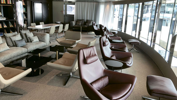 The observation lounge offers comfortable seating that looks out at the sea. The observation lounge offers comfortable seating that looks out at the sea.