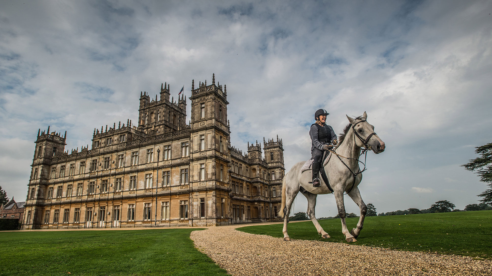 The Countess of Carnarvon and Viking executive vice president Karine Hagen in front of Highclere Castle, the home of the Earl and Countess of Carnarvon and filming location of "Downton Abbey."