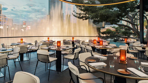 Wolfgang Puck's Spago overlooks the Fountains of the Bellagio. The restaurant started the whole celebrity chef scene in Vegas back in 1992 when it opened at the Forum Shops at Caesars. Wolfgang Puck's Spago overlooks the Fountains of the Bellagio. The restaurant started the whole celebrity chef scene in Vegas back in 1992 when it opened at the Forum Shops at Caesars.