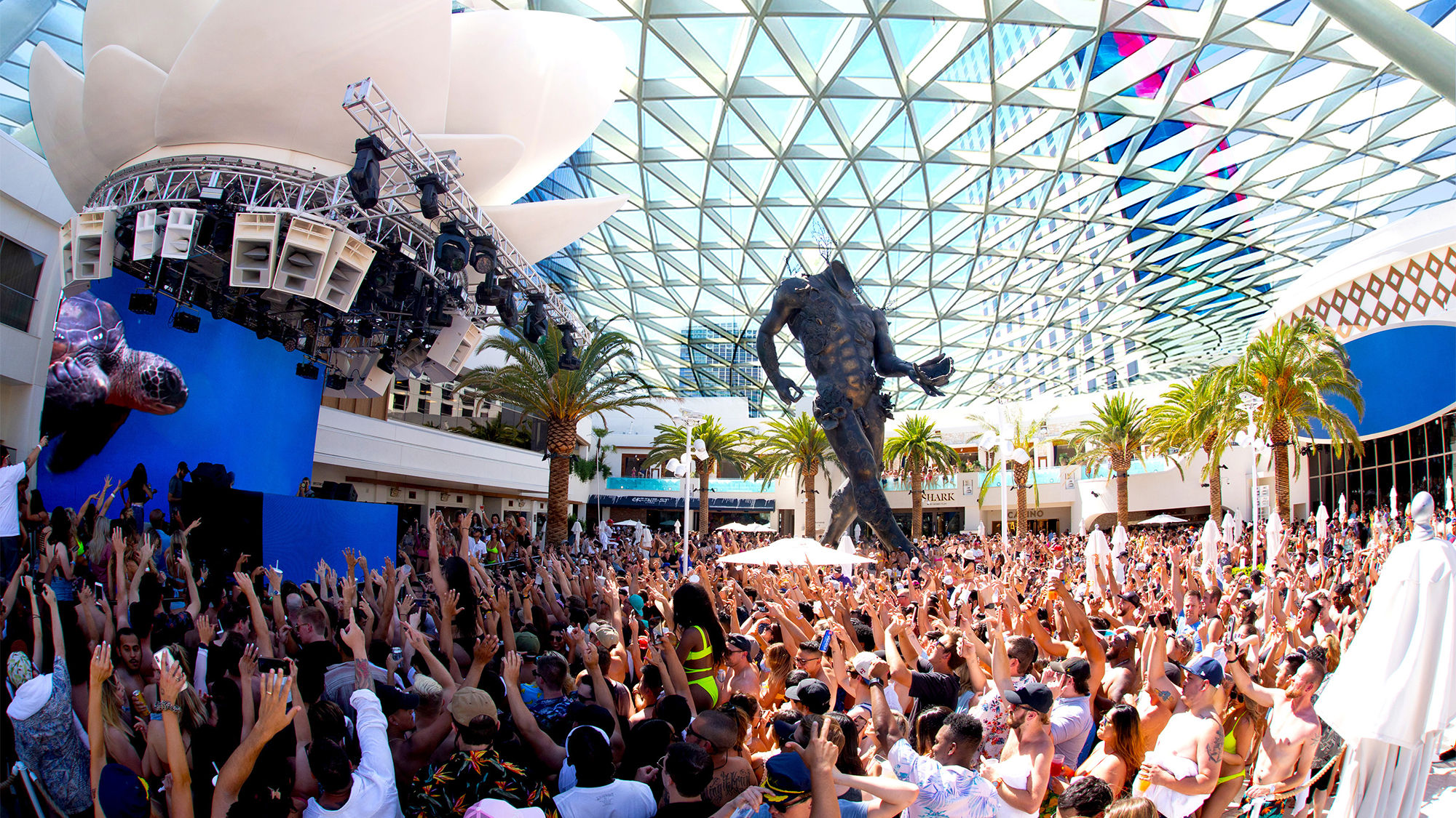 A rendering of the Kaos Dome, a temporary, transparent structure in Palms' pool area.