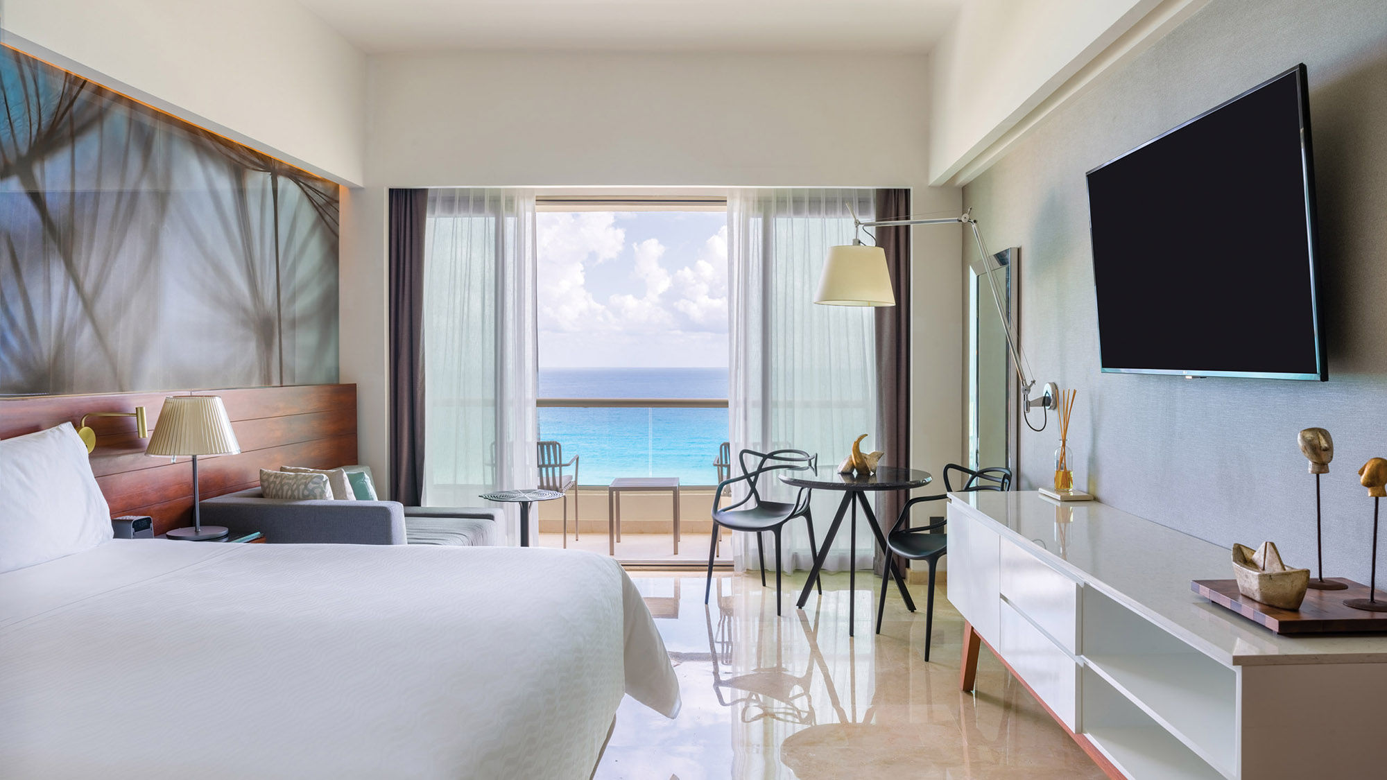 A guestroom at the Live Aqua Beach Resort Cancun, which emerged from a multimillion-dollar renovation this year.