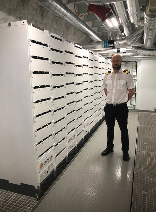 A ship's engineer on the Roald Amundsen in one of the two battery rooms. A ship's engineer on the Roald Amundsen in one of the two battery rooms.