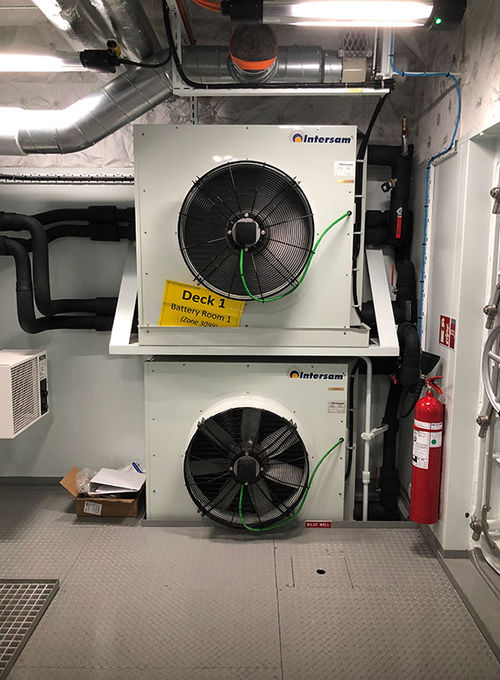 Powerful fans cool the battery rooms on the Roald Amundsen. Powerful fans cool the battery rooms on the Roald Amundsen.