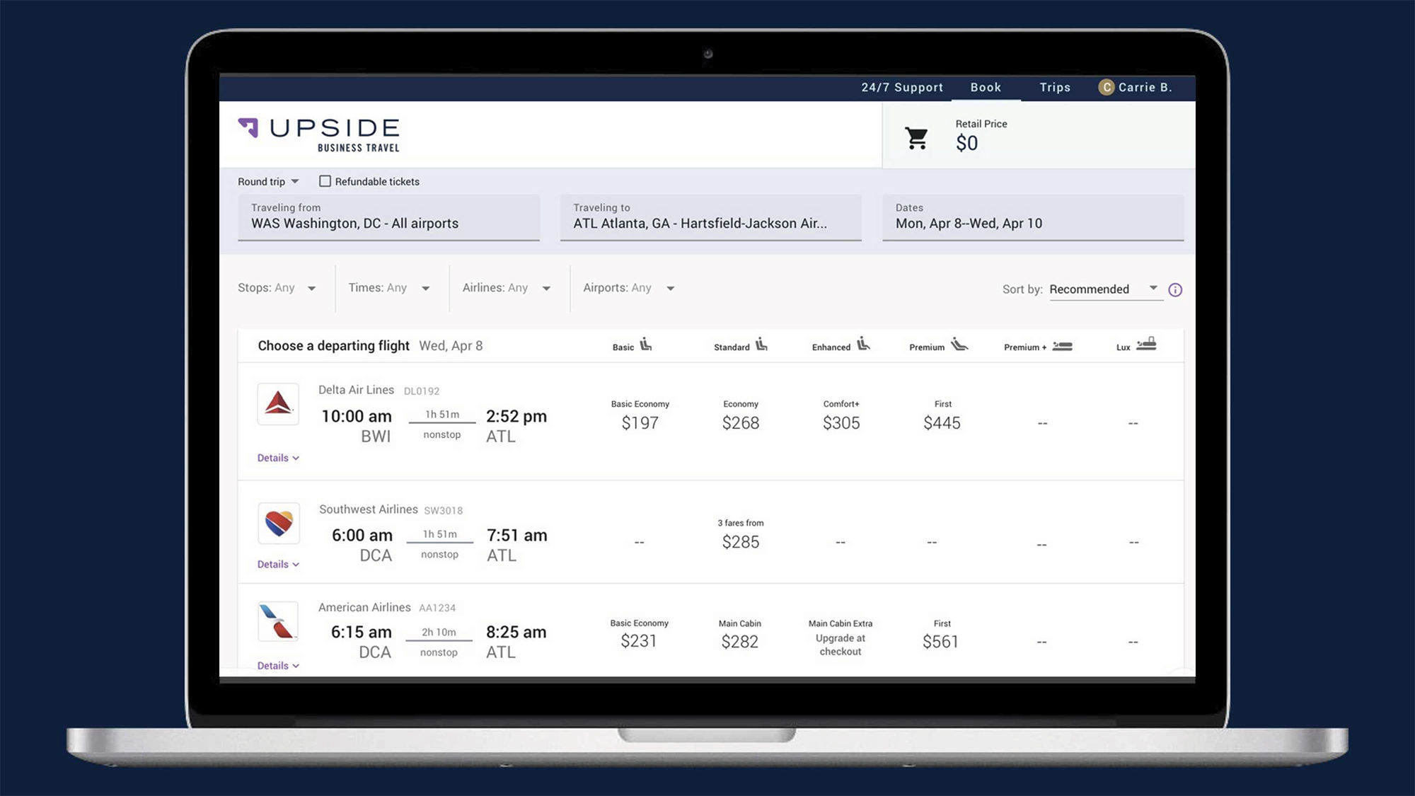 This NGS "shelf" display from corporate booking platform Upside displays fares from various carriers categorized horizontally and by product type.
