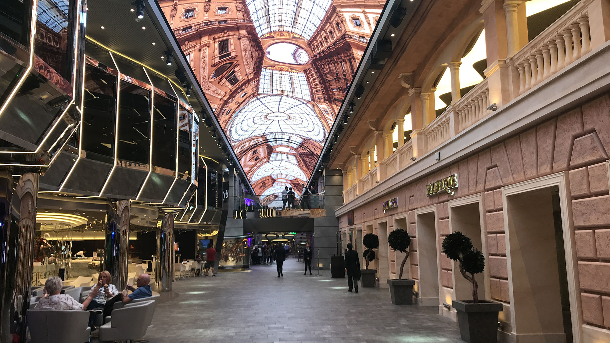 The MSC Meraviglia's promenade ceiling is alight with LED lights that change patterns and even put on a show.
