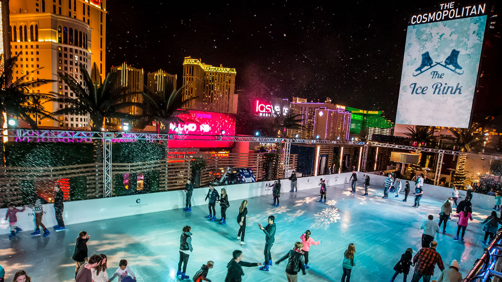 The Boulevard pool is being transformed to offer ice skating above the Strip and under the stars.