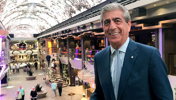 MSC Cruises' USA chairman Rick Sasso onboard the MSC Meraviglia. Behind him is the promenade with its "sky" of LED lights. MSC Cruises' USA chairman Rick Sasso onboard the MSC Meraviglia. Behind him is the promenade with its "sky" of LED lights.
