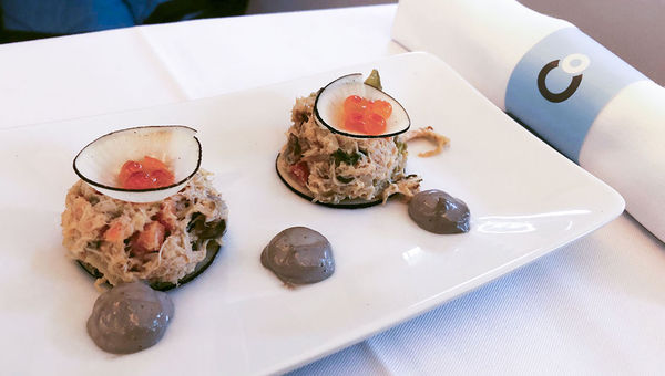 The crabcake appetizer that preceded a choice of two hot entrees. Also on the menu was a French cheese course, and French wine and spirits accompanied meals. The crabcake appetizer that preceded a choice of two hot entrees. Also on the menu was a French cheese course, and French wine and spirits accompanied meals.