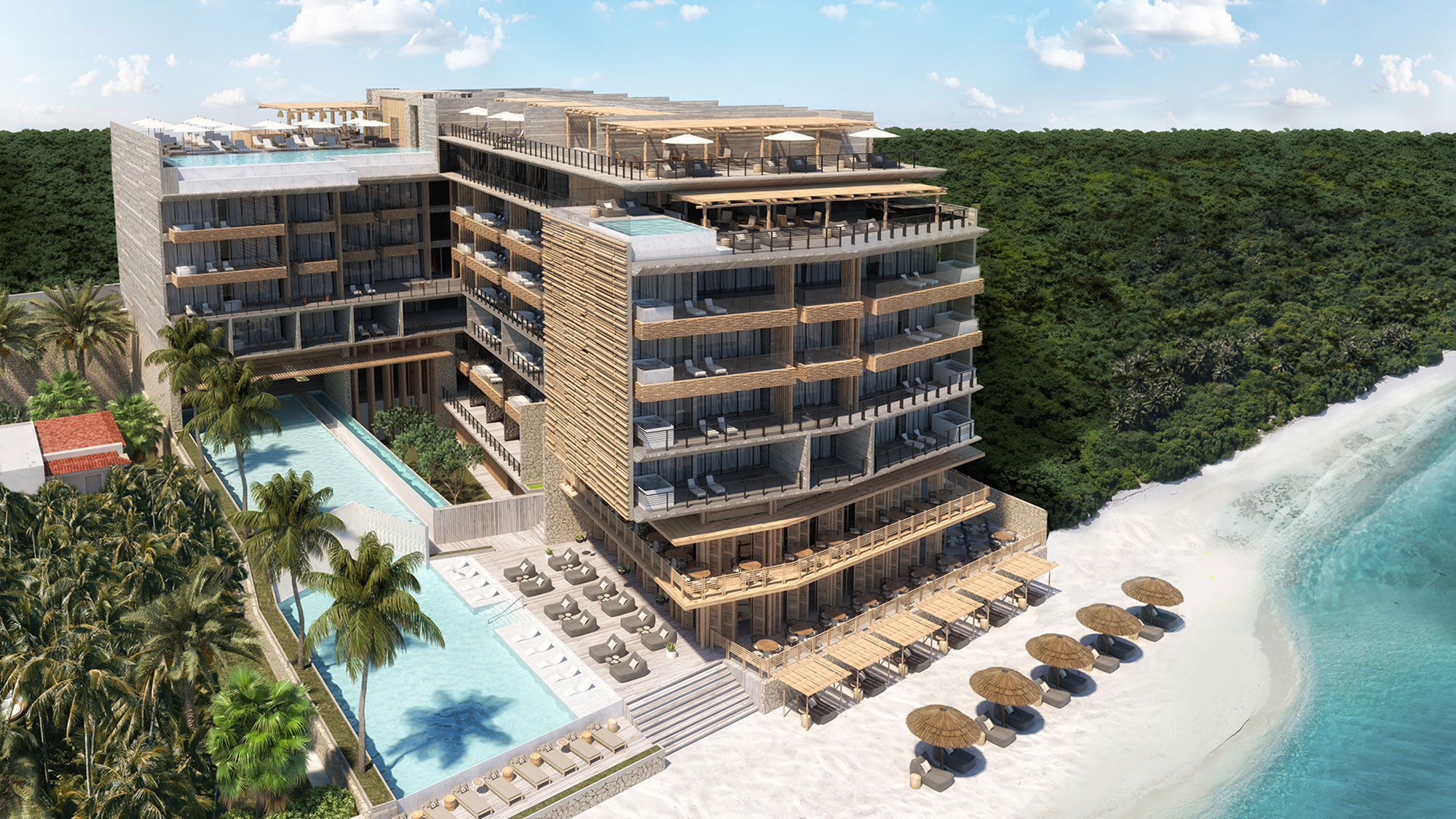 A rendering of The Fives Oceanfront  Puerto Morelos, scheduled to open in June.