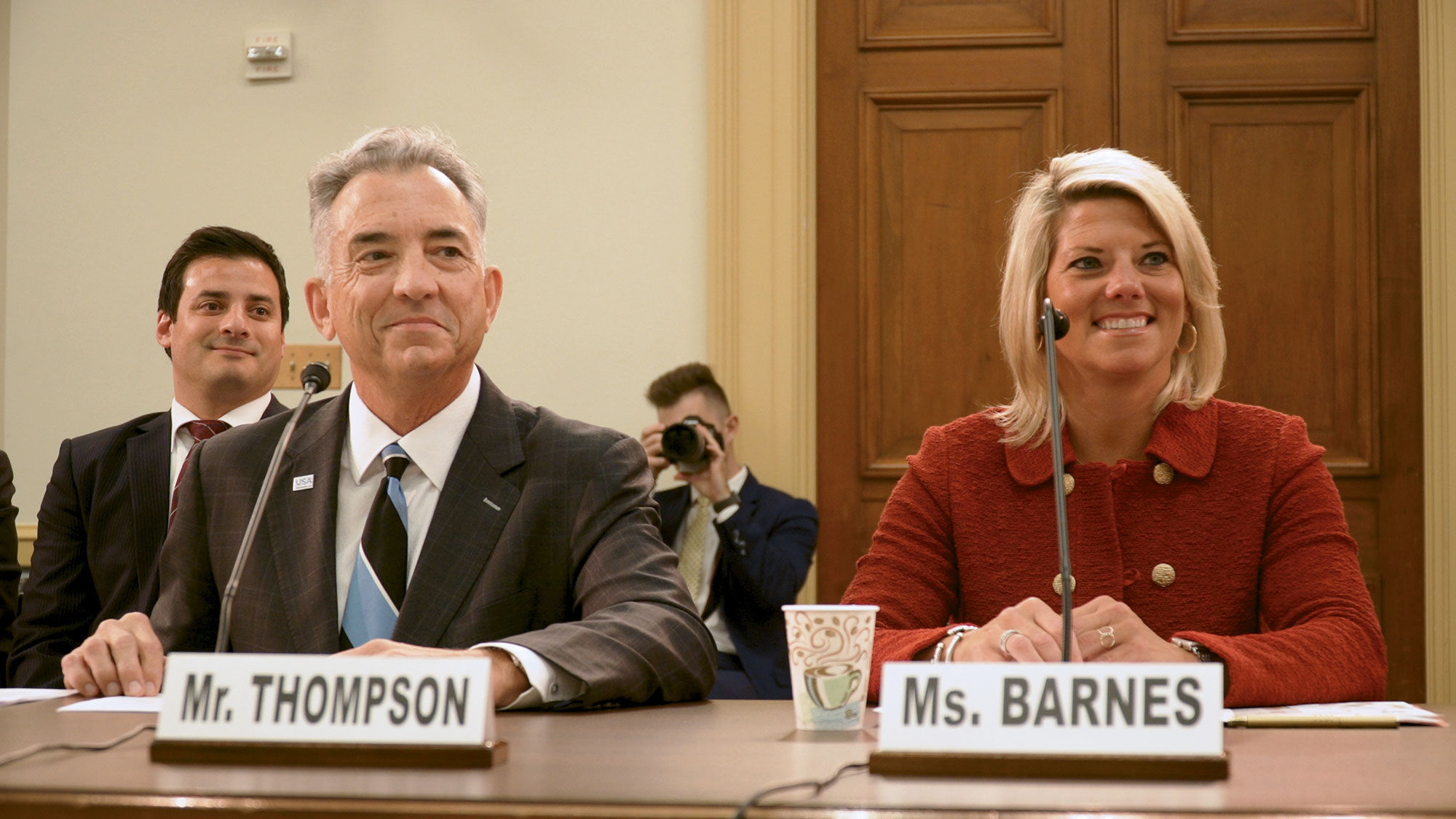 Brand USA CEO Chris Thompson and the U.S. Travel Association's Tori Emerson Barnes at a November legislative hearing on reauthorizing Brand USA.