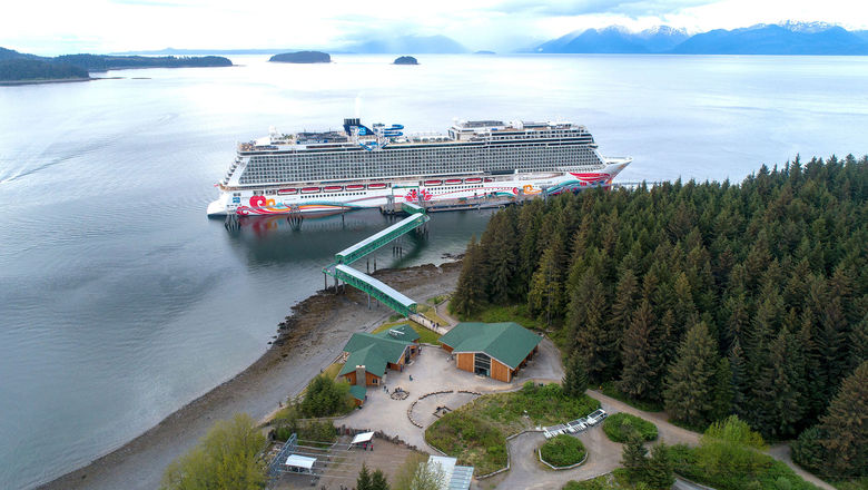 A Norwegian Cruise Line ship docked at Icy Strait Point in Alaska.