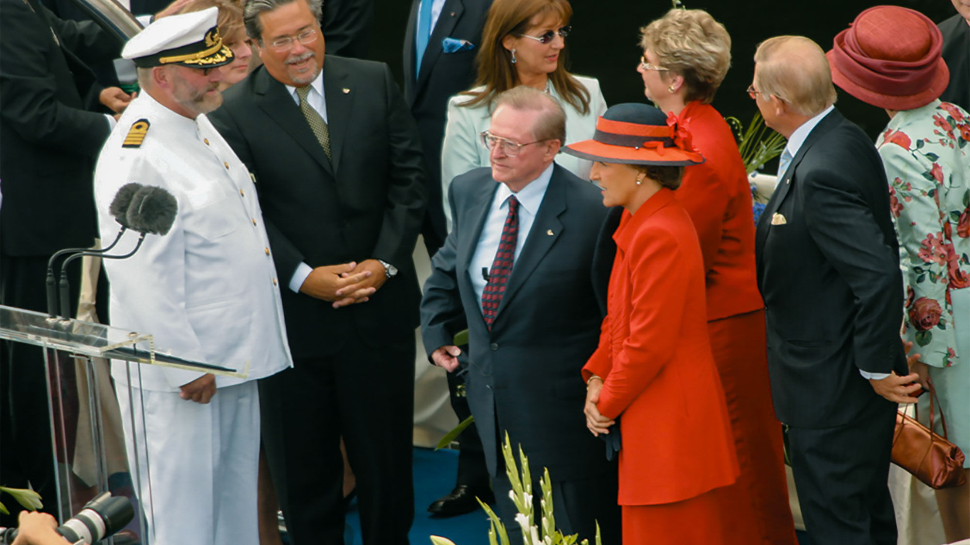 Pictured, the Oosterdam's captain Hans van Biljouw, Carnival Corp. CEO Micky Arison, Holland America Line CEO Kirk Lanterman and the Oosterdam's godmother, Princess Margriet of the Netherlands, after the christening ceremony of the Oosterdam in 2003.