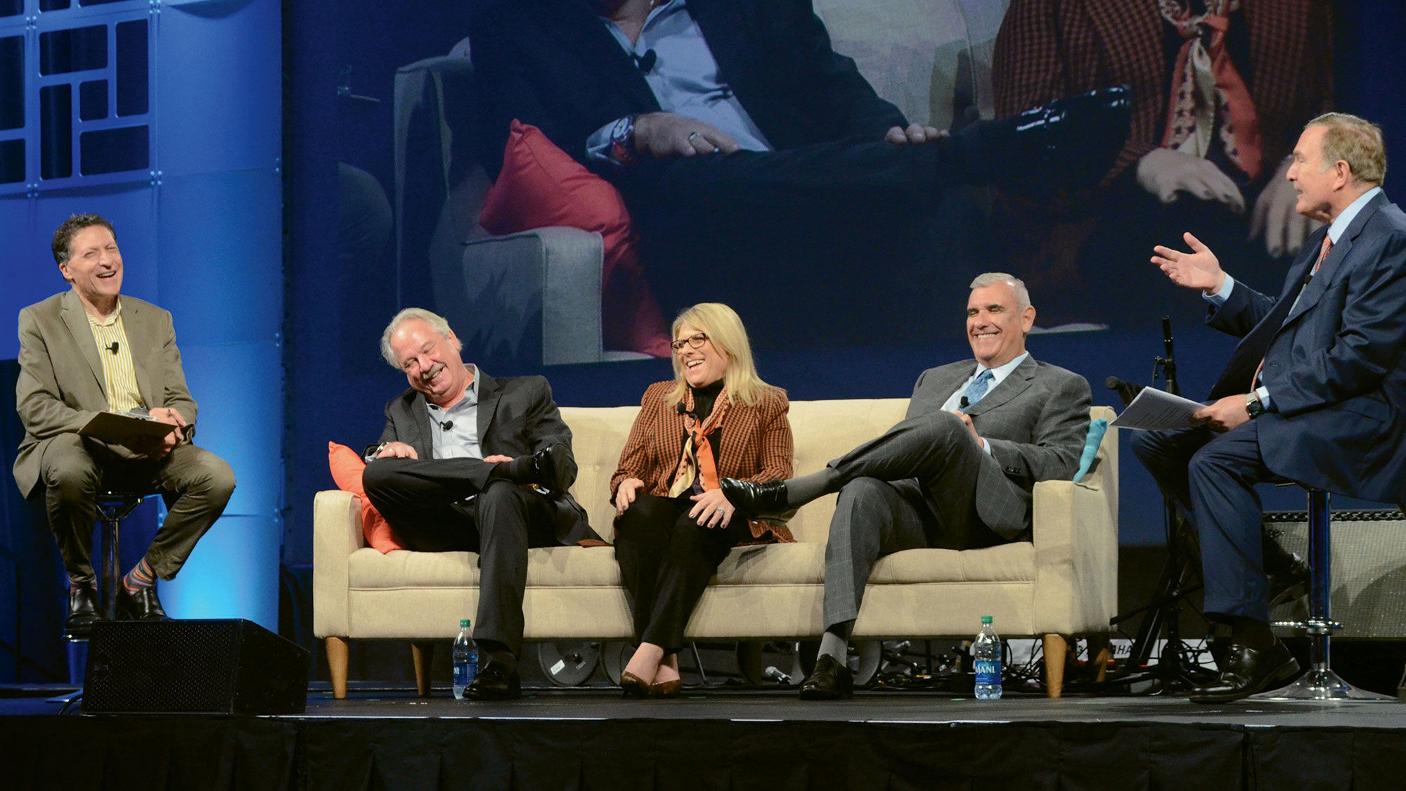 Editor in chief Arnie Weissmann, far left, and Royal Caribbean Cruises Ltd. CEO Richard Fain, far right, moderated a panel of RCCL presidents, seated: Mark Conroy of Silversea, Lisa Lutoff-Perlo of Celebrity and Larry PImentel of Azamara.