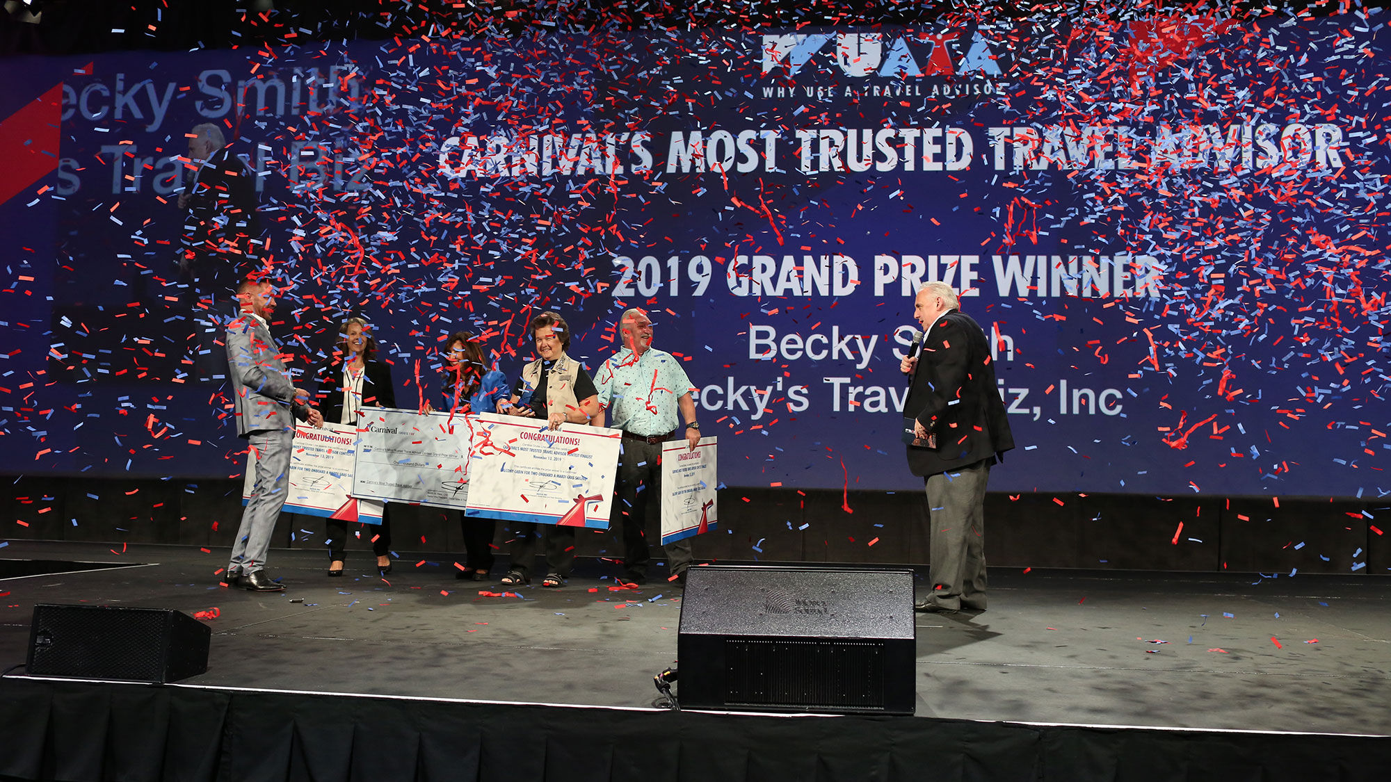The three WUATA finalists with Carnival Cruise Line senior vice president Alfonso Perez, far left, and president Christine Duffy, third from left.