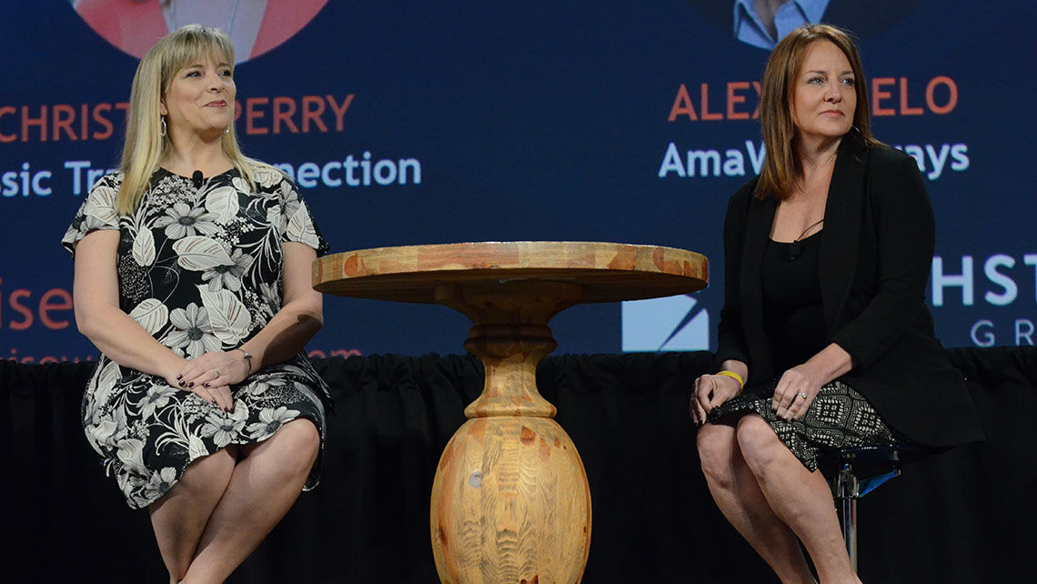 Travel advisors Suzy Schreiner, left, and Christen Perry, presented river cruise executives with potential client opportunities and asked them to sell their river cruise line to the CruiseWorld audience.