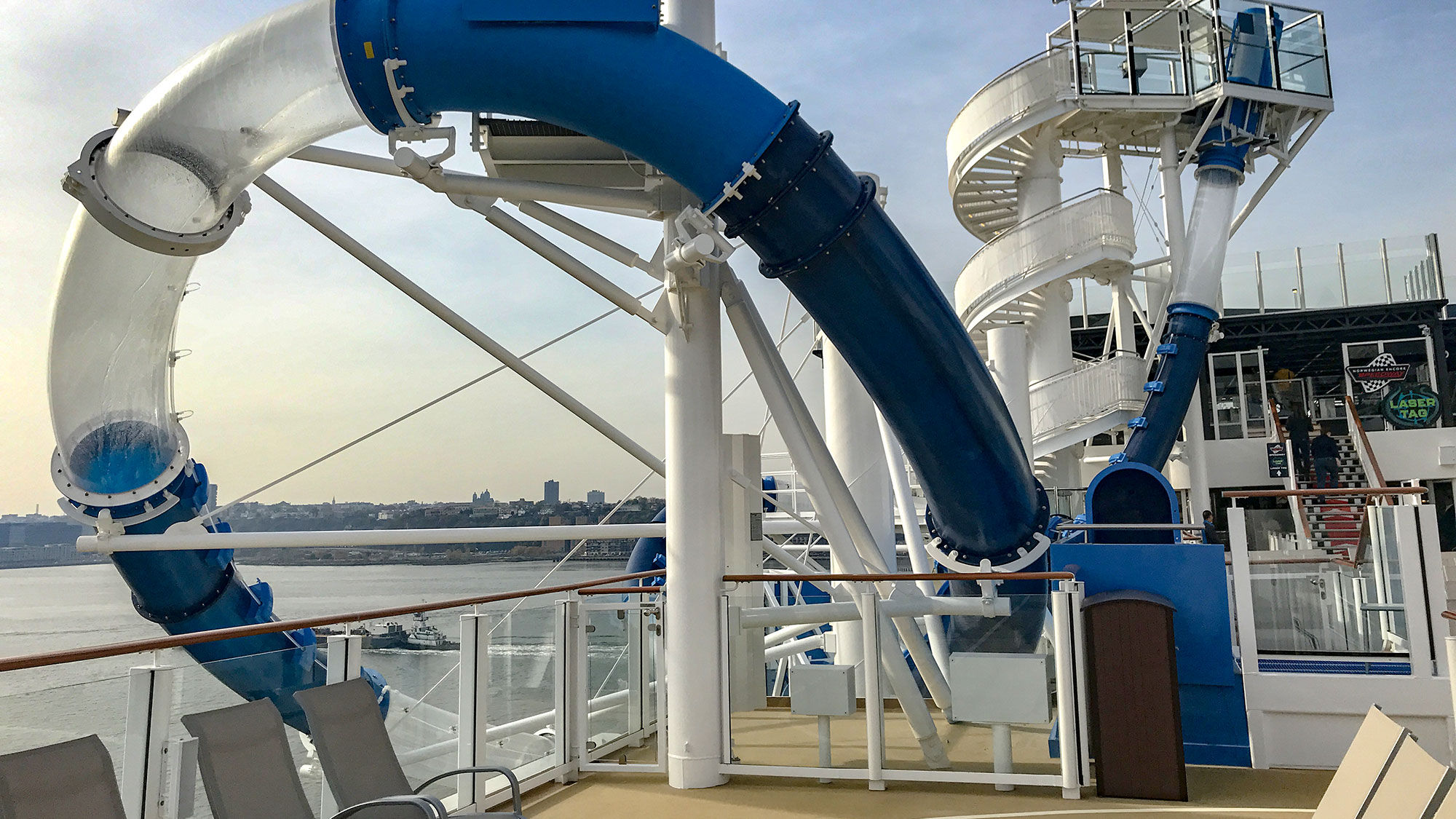 The Ocean Loops waterslide on the Norwegian Encore takes riders beyond the edge of the ship.