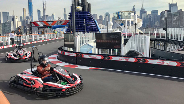 A popular feature of the Norwegian Encore is the Speedway race track, where passengers can drive go-karts. A popular feature of the Norwegian Encore is the Speedway race track, where passengers can drive go-karts.
