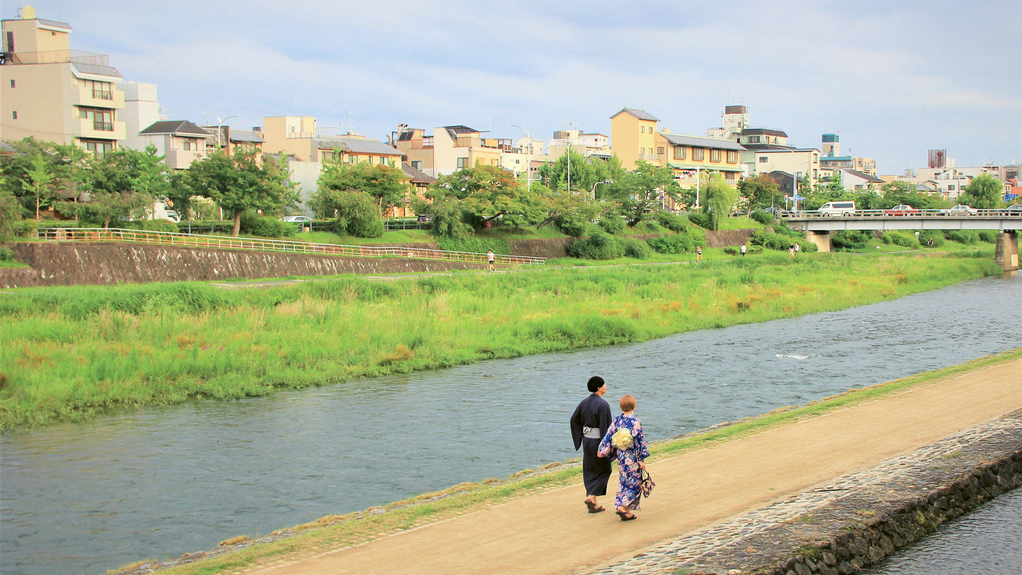 The view from the balcony of the Izumiya-cho Machiya in Kyoto on the Kamo River.