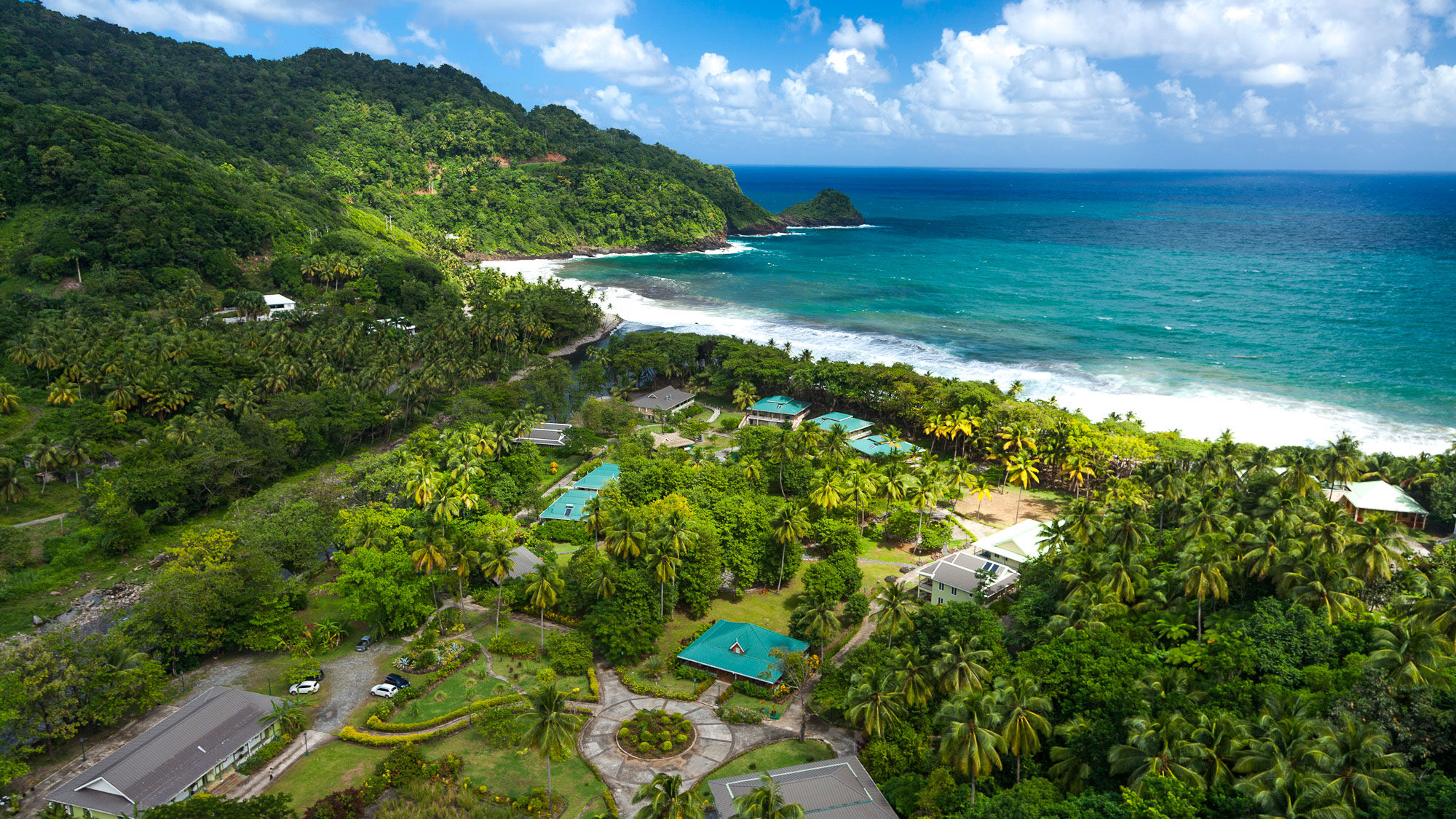 An aerial view of Rosalie Bay Eco-Resort.