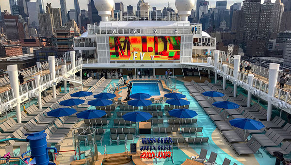 A view of the Norwegian Encore's midship pools. A view of the Norwegian Encore's midship pools.