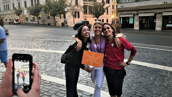Adventures by Disney's local guide in Rome, Cristina Arabito, flanked by guides Gabrielle Celenza (left) and Michela Lombardis, pose for a guest. Adventures by Disney's local guide in Rome, Cristina Arabito, flanked by guides Gabrielle Celenza (left) and Michela Lombardis, pose for a guest.