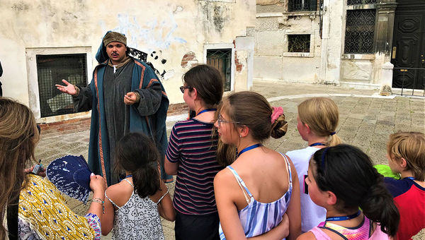 "Marco Polo" makes a surprise visit to impart a painless history lesson in a square in Venice. "Marco Polo" makes a surprise visit to impart a painless history lesson in a square in Venice.