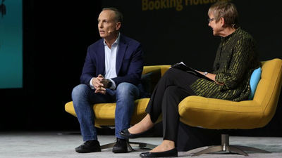 Phocuswright's Lorraine Sileo inteviewing Booking Holdings CEO Glenn Fogel at the Phocuswright Congerence.
