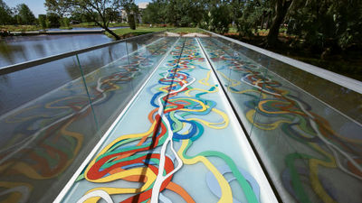 Elyn Zimmerman’s Glass Bridge at the Sydney and Walda Besthoff Sculpture Garden, New Orleans Museum of Art.