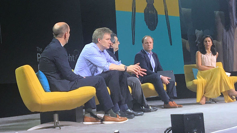 The Street Talk panel at the Phocuswright Conference. From left, Jake Fuller, Guggenheim Partners; Mark Mahaney, RBC Capital Markets; Eric Sheridan, UBS; Lloyd Walmsley, Deutsche Bank Securities; and moderator Seema Mody of CNBC.