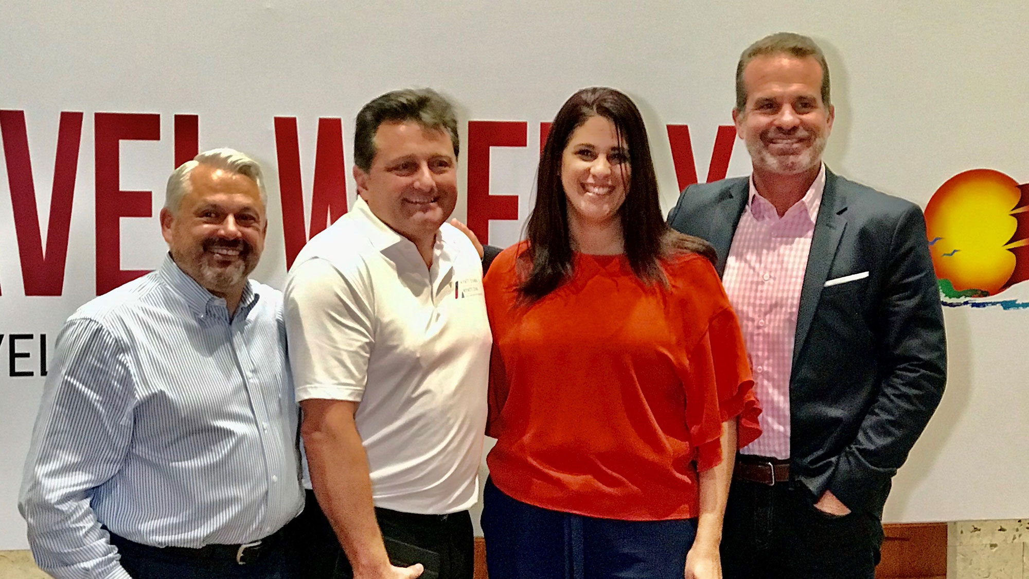 Addressing travel advisors at a Travel Weekly-sponsored fam trip in Punta Cana were (from left): John Long, Iberostar Hotels & Resorts; Kevin Froemming, Playa Hotels & Resorts; Lucien Echavarria, Dominican Republic Ministry of Tourism; and Frank Maduro, AIC Hotel Group.
