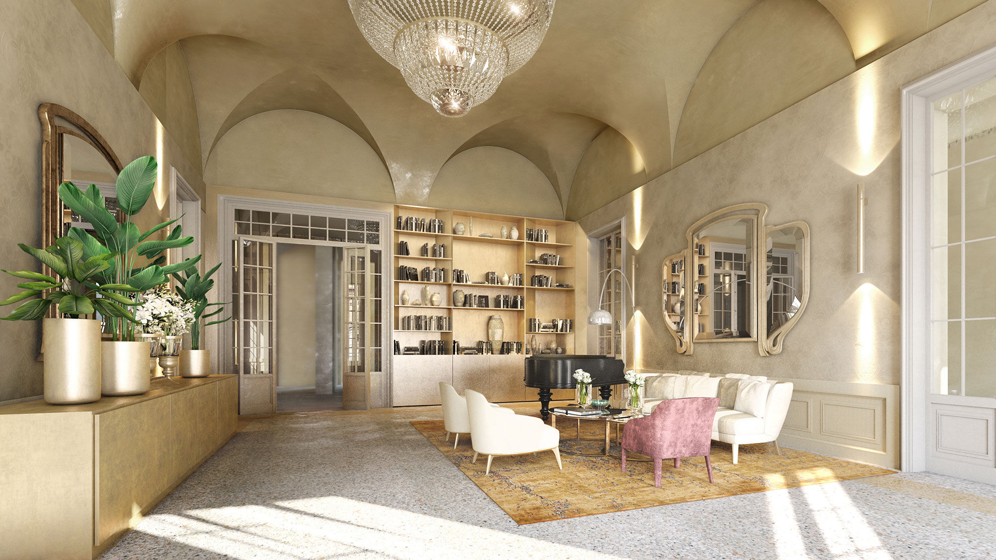 Rendering of the lounge at the Grand Universe Lucca, which is scheduled to open in Lucca, Italy, next June.