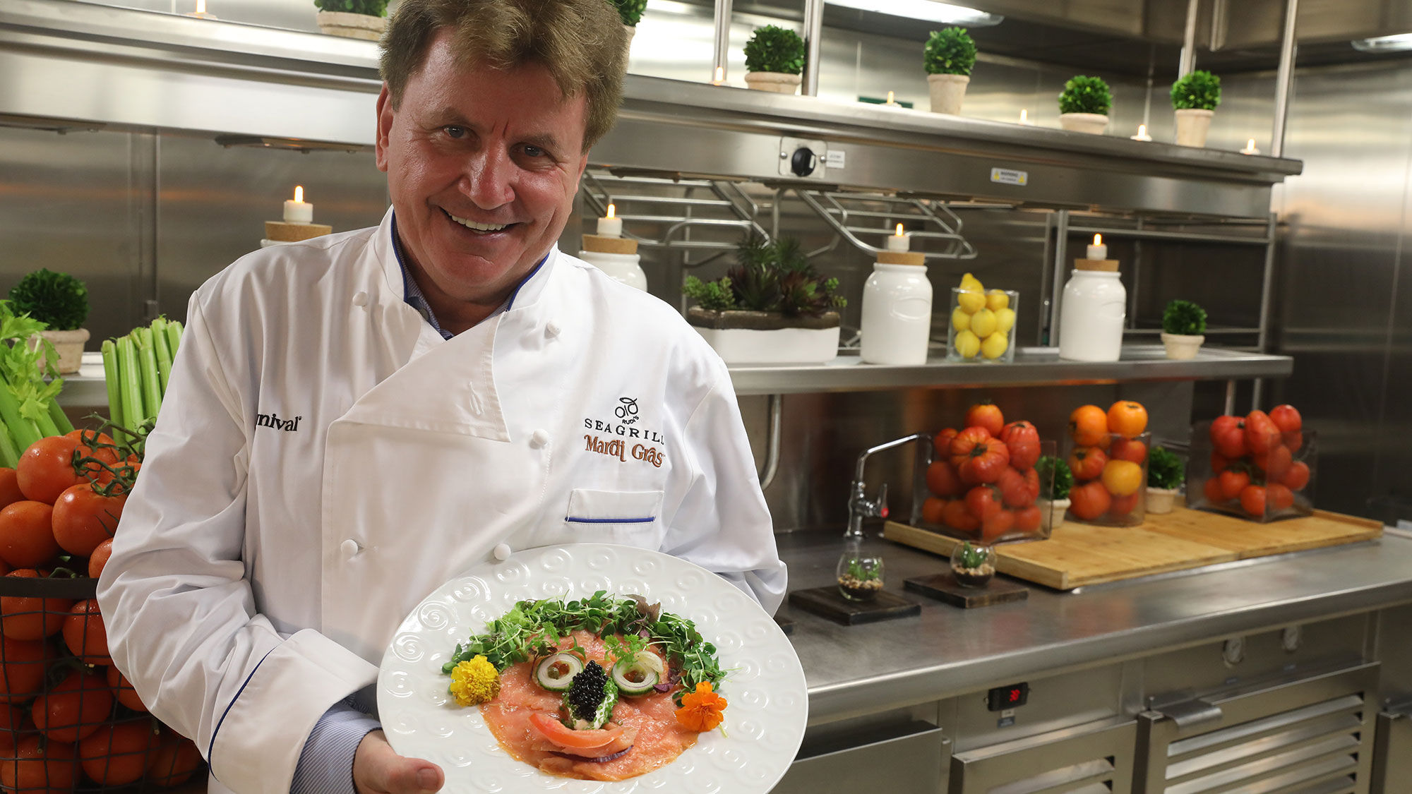 Rudi Sodamin with a "food face" made with smoked salmon.