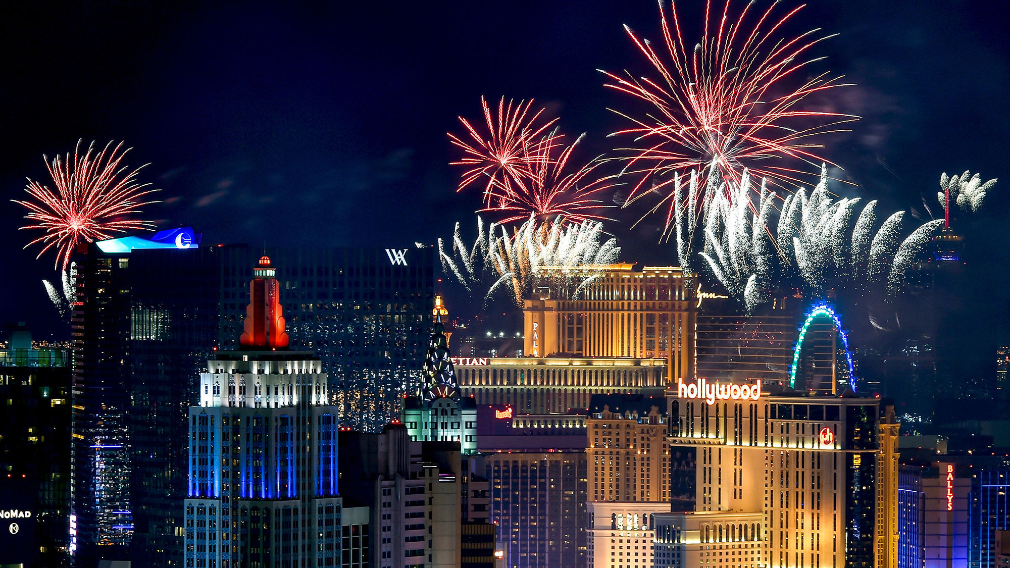 Fireworks erupt over the Las Vegas Strip on Jan. 1, 2019.