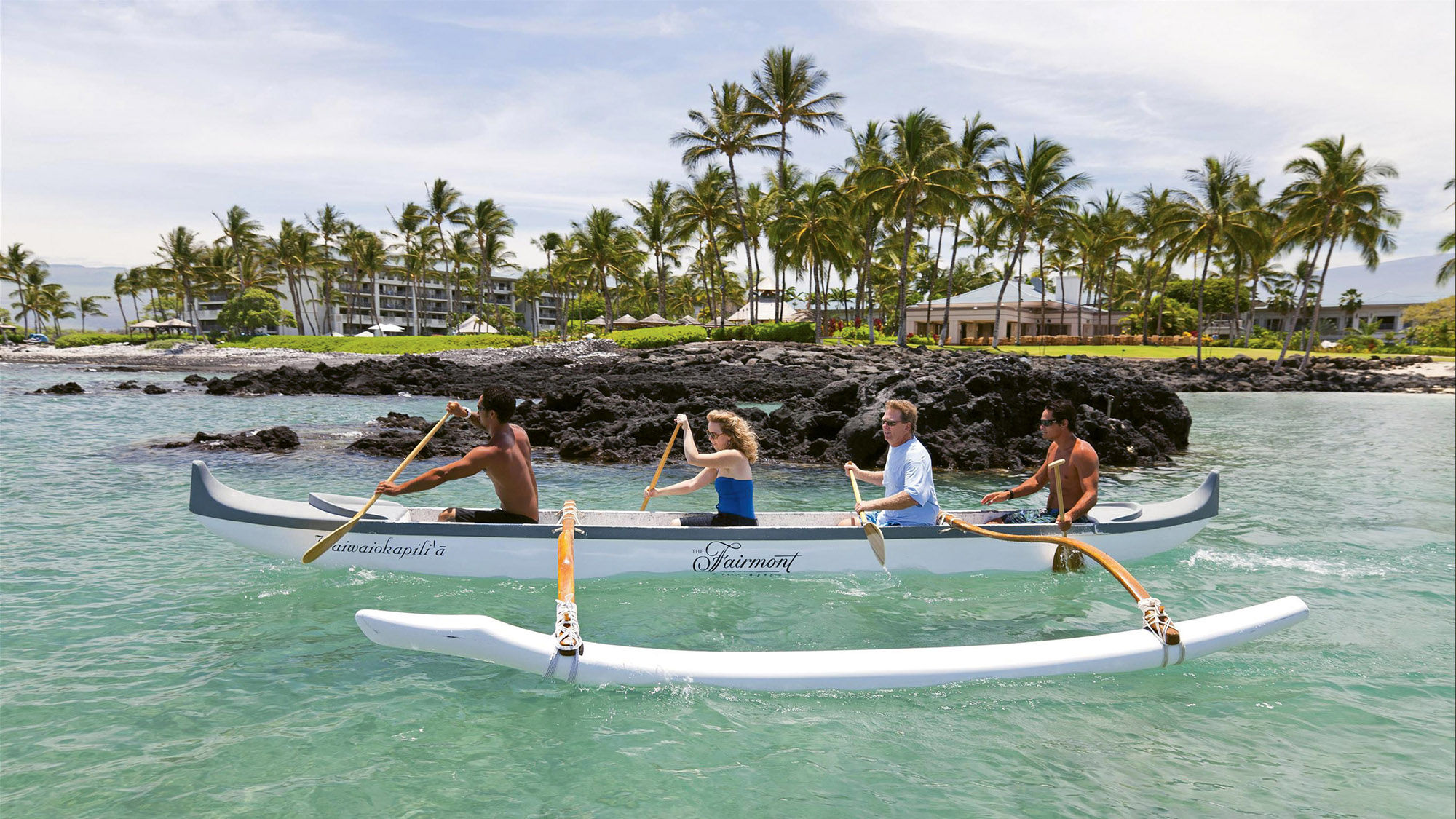 An outrigger canoe outing, one of the cultural programming offerings at the Fairmont Orchid.