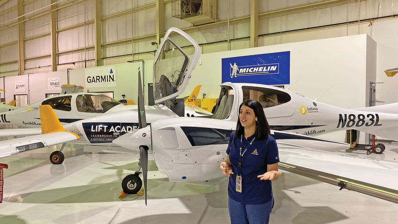 In 2019, Lift Academy general manager Dana Donati at the school's hangar on the grounds of Indianapolis Airport.