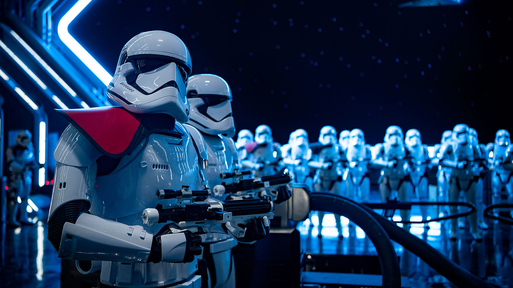 Guests encounter stormtroopers at the Rise of the Resistance attraction.