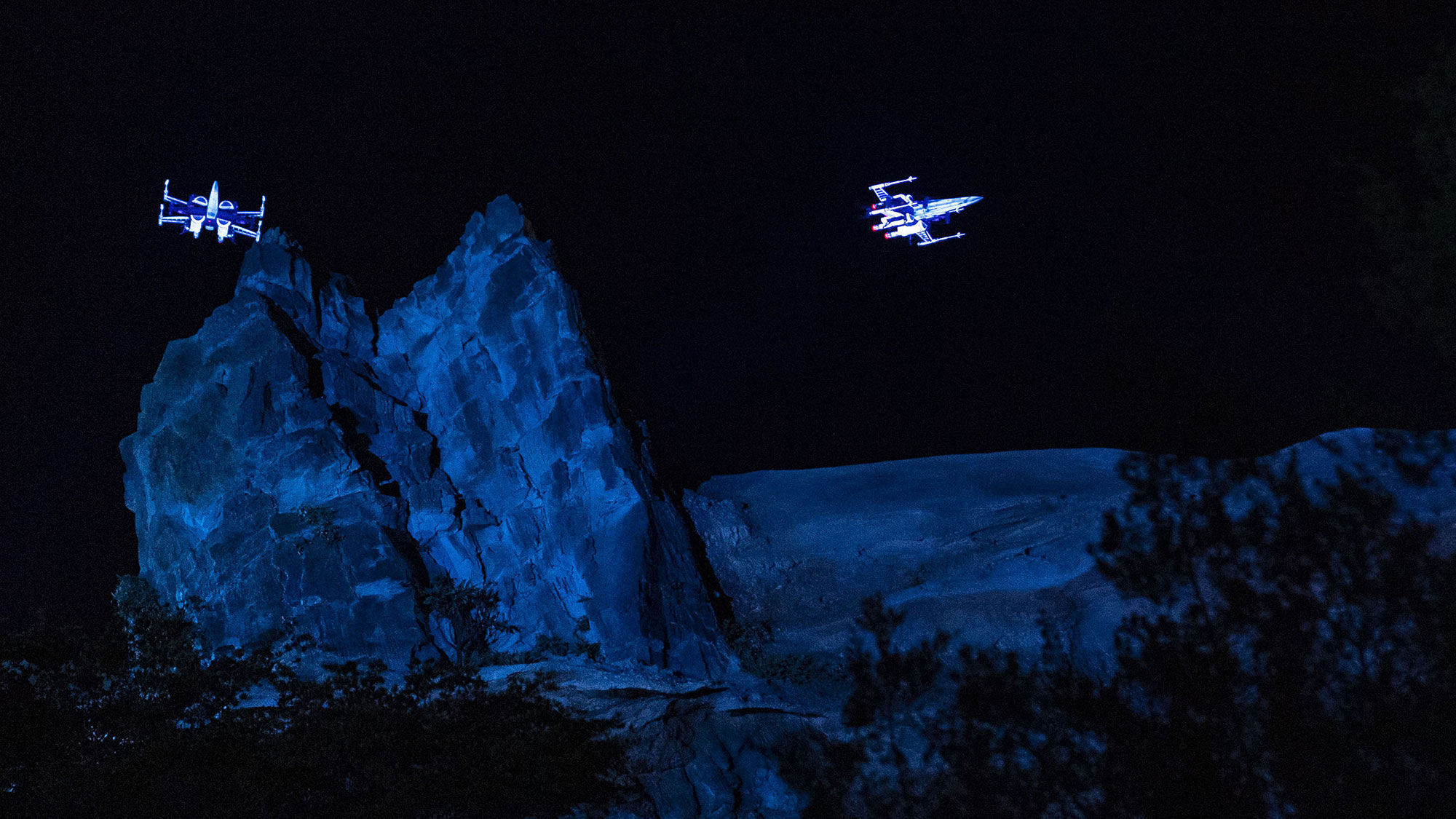Drones styled as X-wing fighters at the Rise of the Resistance dedication.