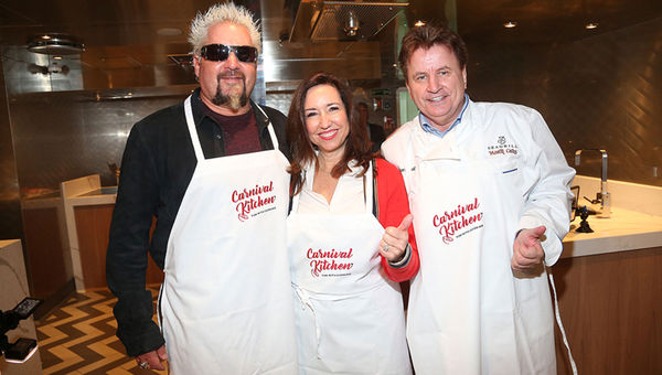 Carnival president Christine Duffy flanked by chefs Guy Fieri (left) and Rudi Sodamin. Carnival president Christine Duffy flanked by chefs Guy Fieri (left) and Rudi Sodamin.