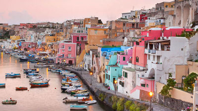 Colorful buildings along the marina in Capri.