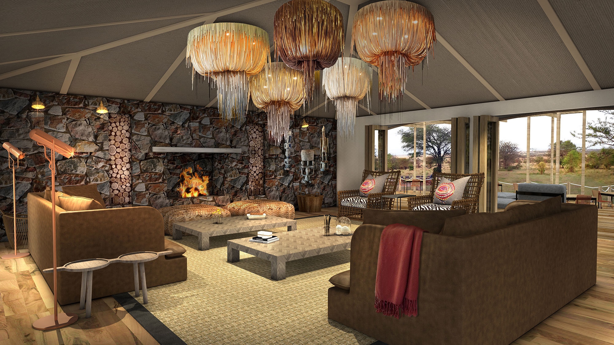 A rendering of the lounge area at Sayari Camp.
