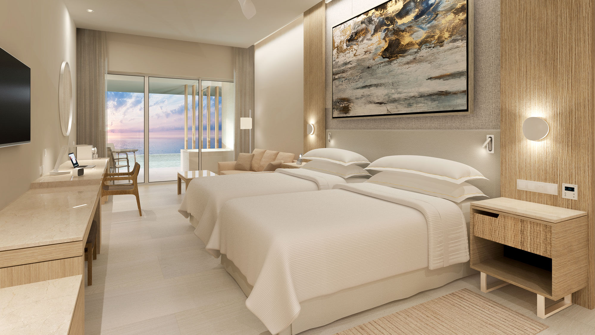A guestroom at the Barcelo Maya Riviera — Adults Only hotel. Most of the property's 850 all-suite guestrooms have an ocean view.