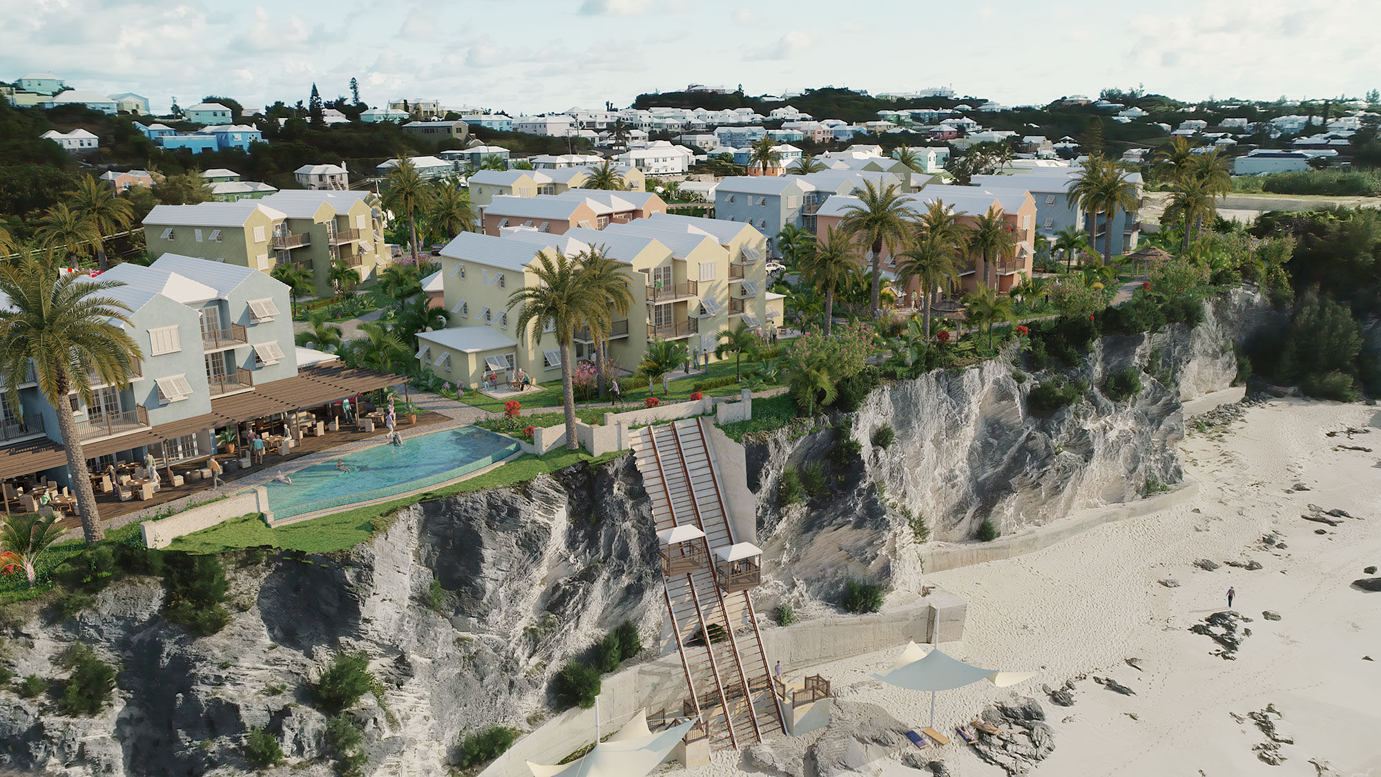 A rendering of the Bermudiana Beach Resort, Tapestry Collection by Hilton, which shows its elevator access to a secluded beach.