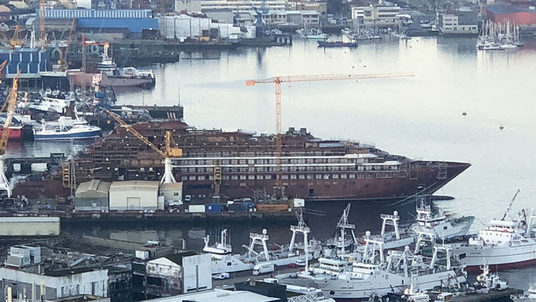 Ritz-Carlton Yacht Collection's Evrima under construction at the Hijos de J. Barreras shipyard in Vigo, Spain, in early January.