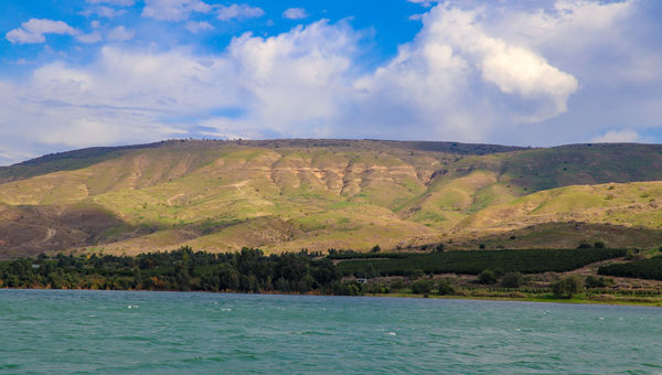 View of the Golan Heights during a sailing on the Sea of Galilee.