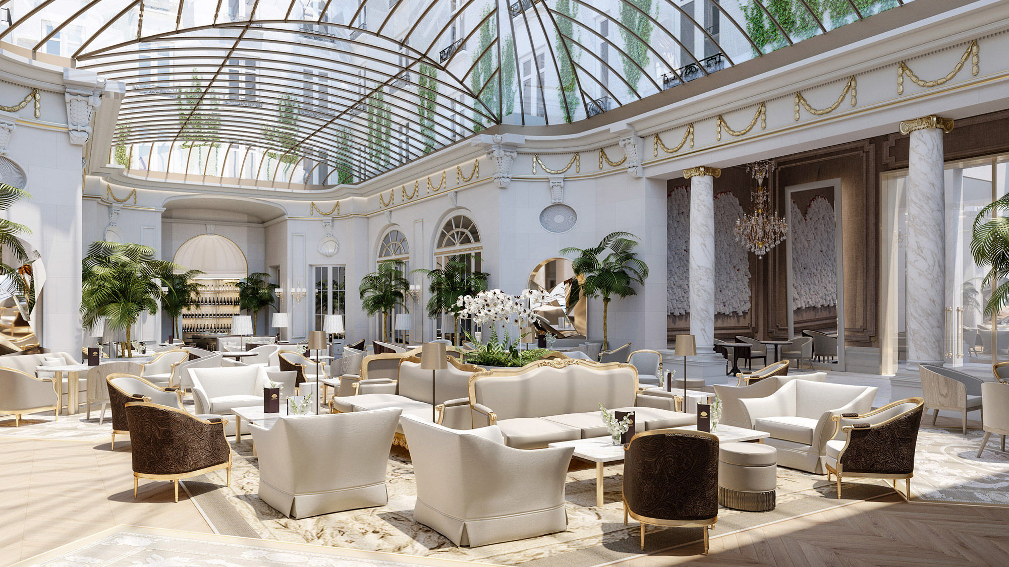 The Palm Court restaurant, with its reconstructed glass canopy ceiling, at the Mandorin Oriental Ritz, Madrid.
