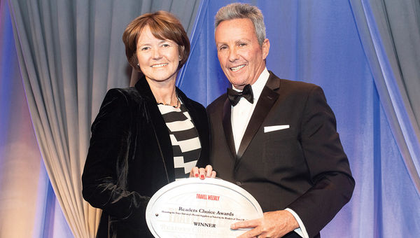 Alison Metcalfe of Tourism Ireland, winner for Europe for the sixth year in a row, with Travel Weekly’s Bruce Shulman.